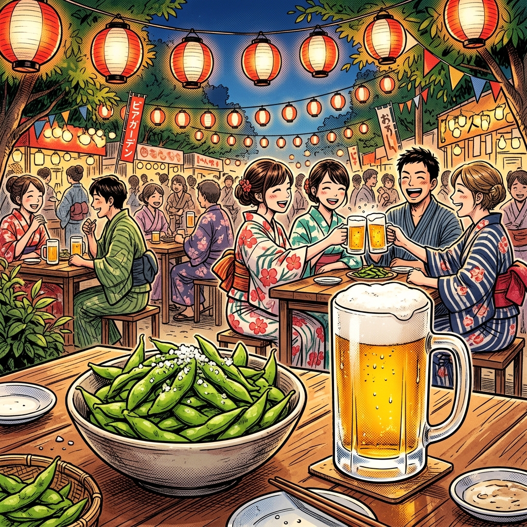 Summer Japanese beer garden with edamame and cold beer