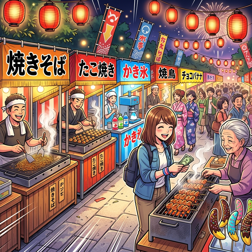 Colorful festival food stalls with yakisoba and takoyaki