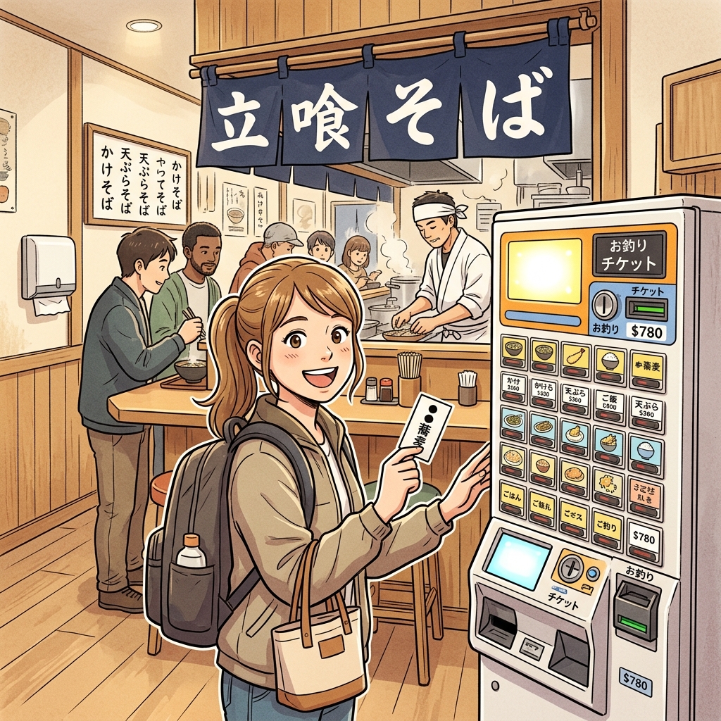 Tourist ordering at a soba chain ticket machine