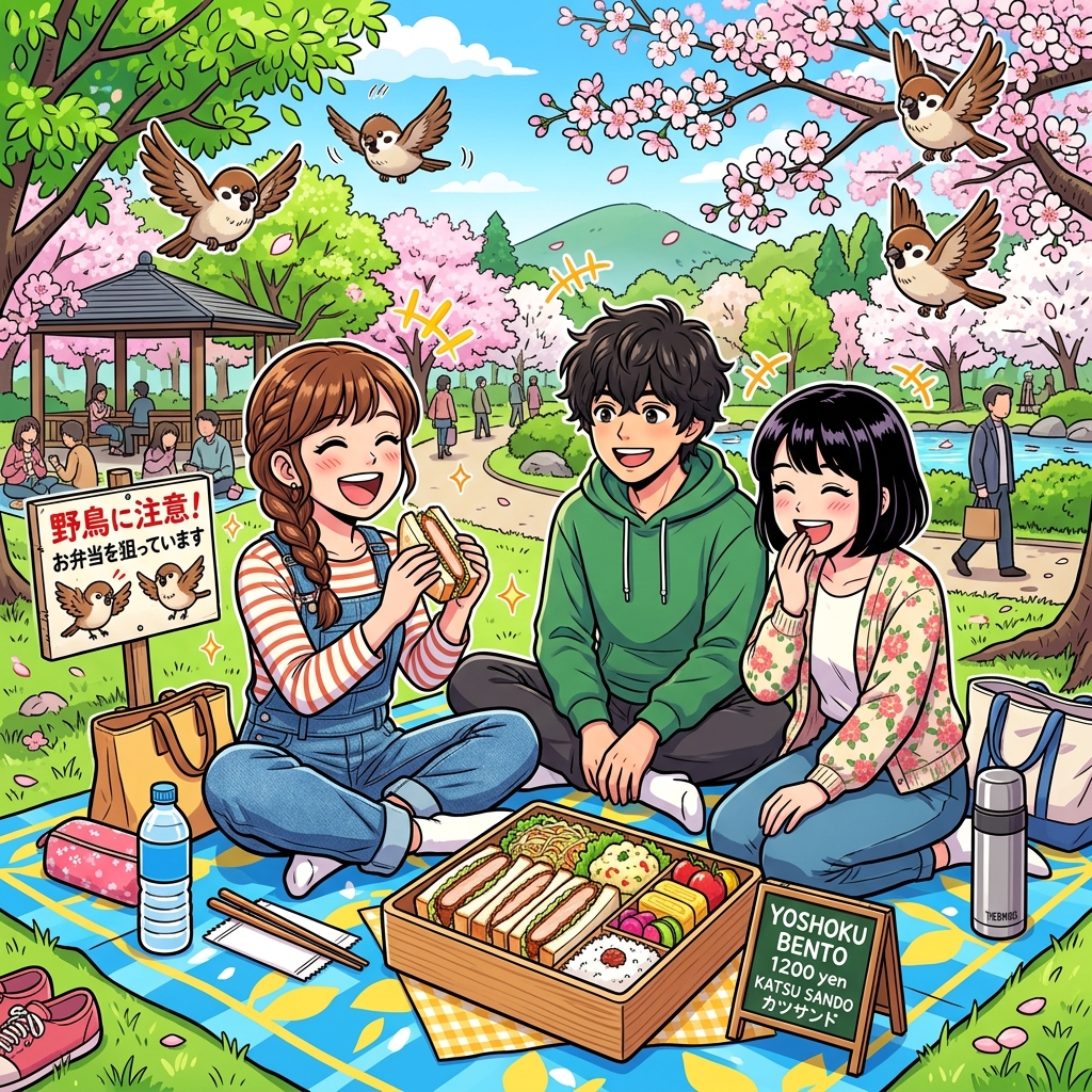 A joyful spring picnic in a Japanese park eating a takeout Yoshoku bento