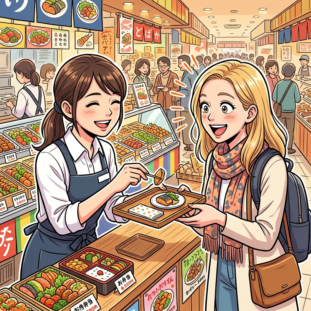 Staff offering free sample to tourist at depachika counter