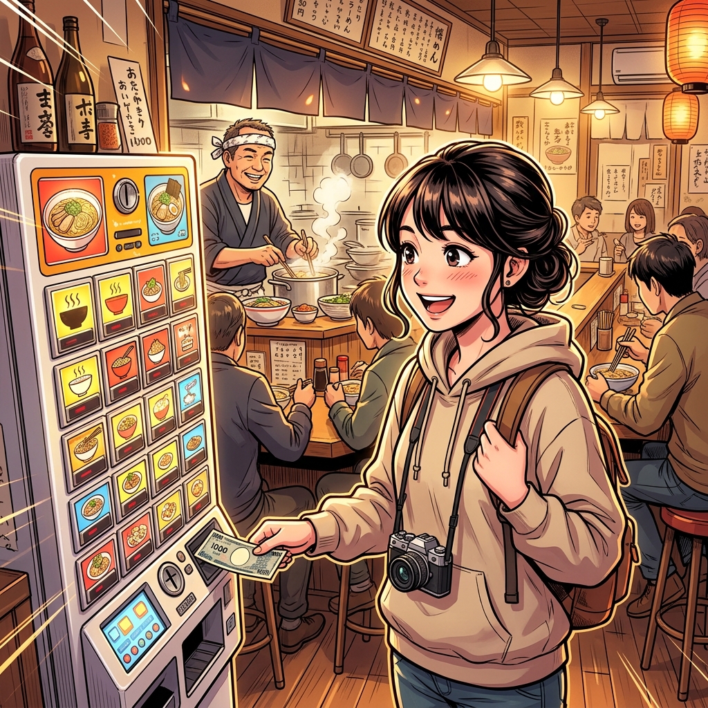 Tourist using a ramen shop ticket vending machine
