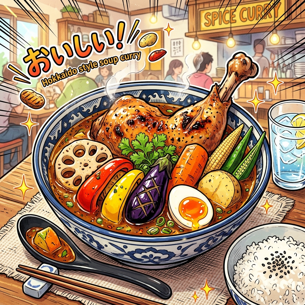 A colorful bowl of Hokkaido soup curry with large roasted vegetables