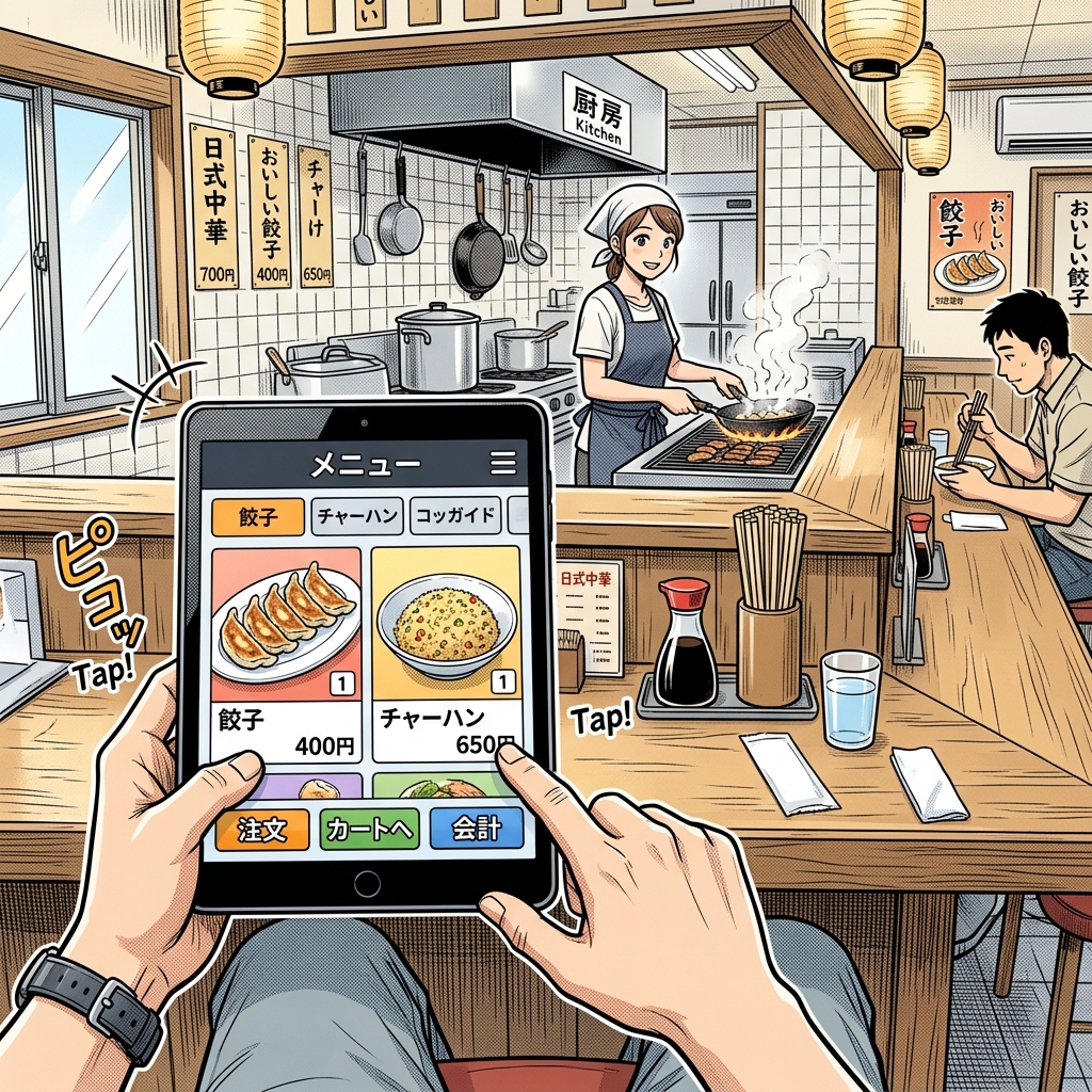 Tourist ordering gyoza from a touch panel