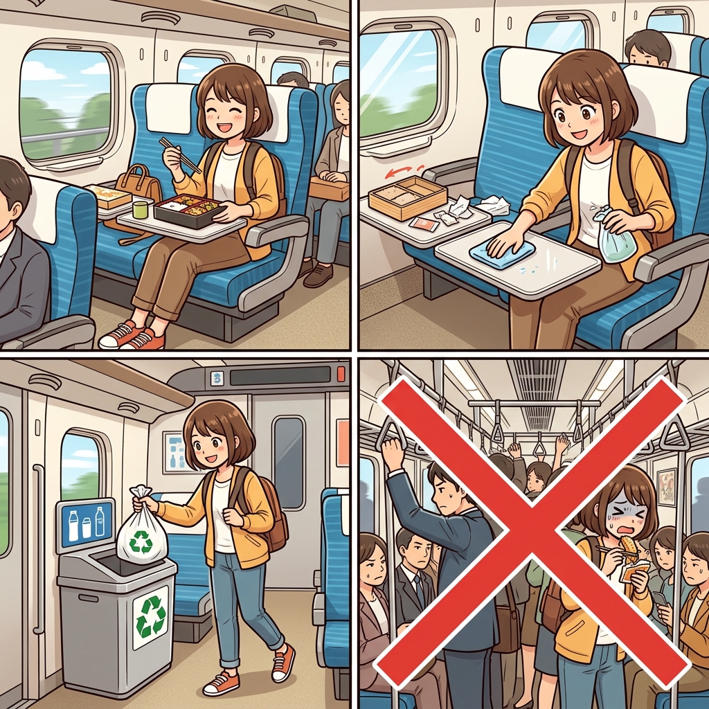 Manga guide showing proper Shinkansen eating etiquette and manners
