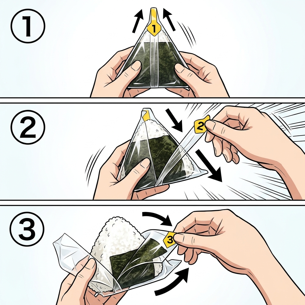 Manga guide showing the 1-2-3 onigiri unwrapping method