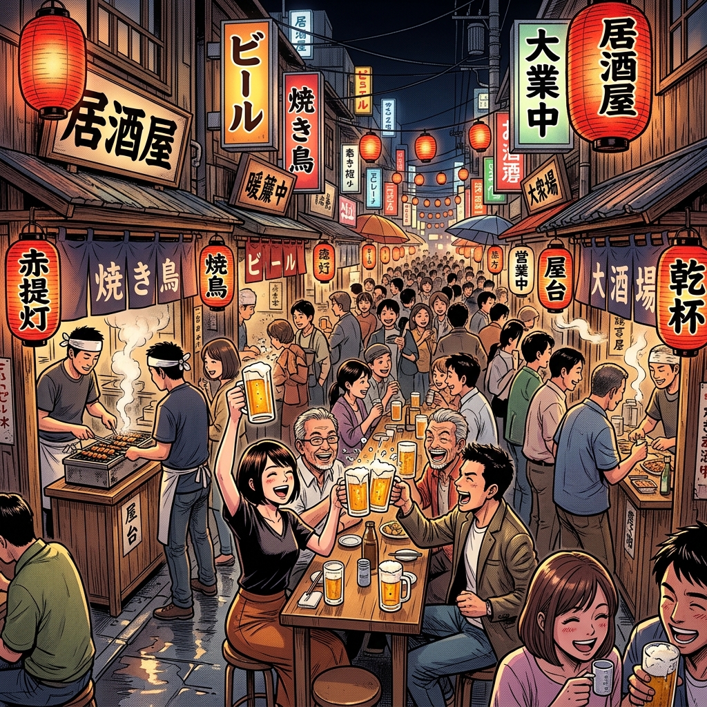 A lively retro Yokocho alleyway illuminated by red paper lanterns