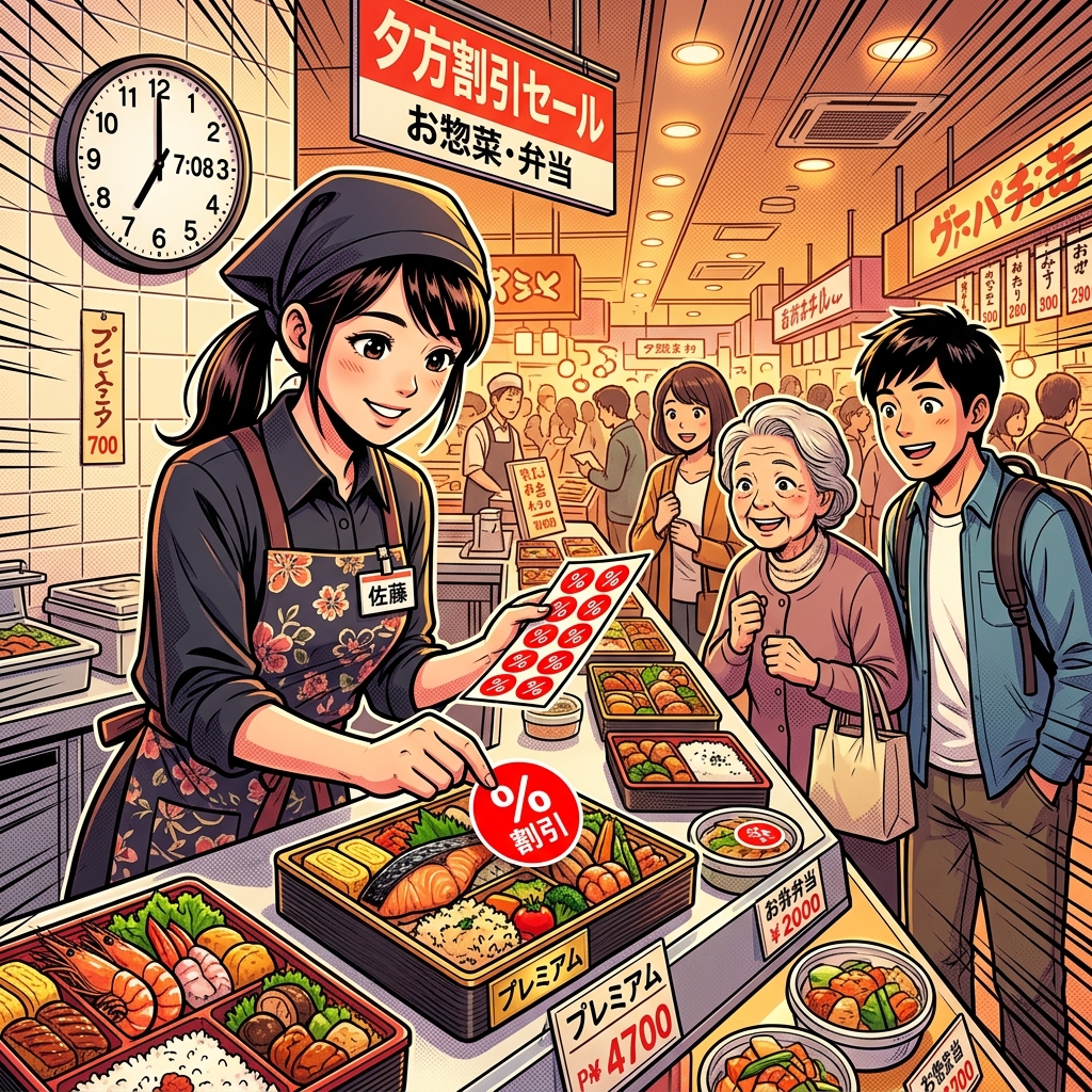 Evening discount stickers being placed on bento boxes
