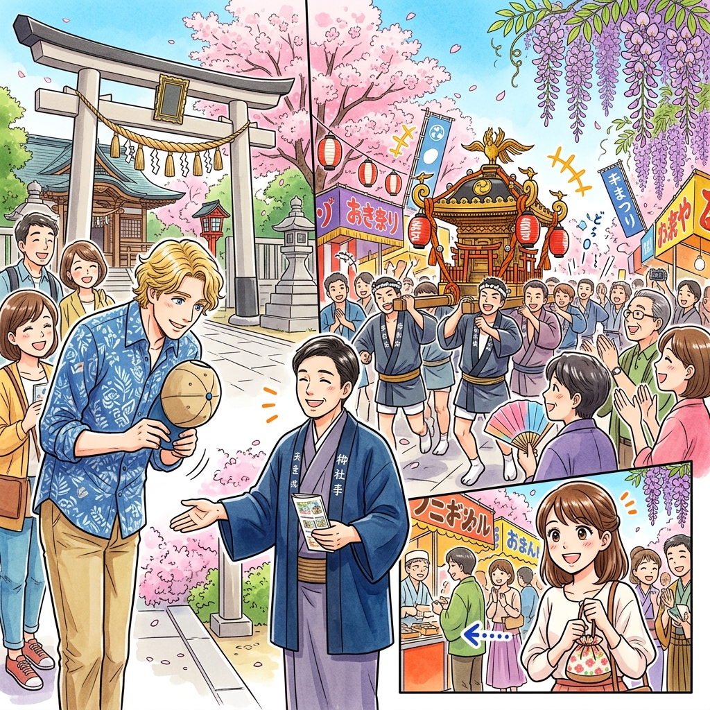 Tourist learning matsuri etiquette from festival staff