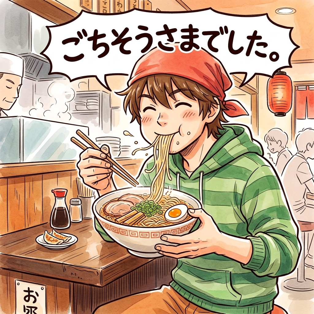 Person slurping ramen noodles at counter seat