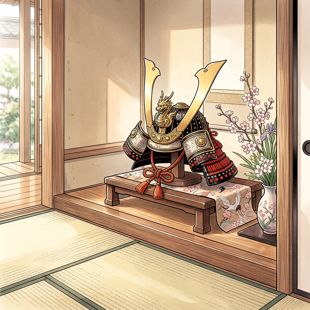 Traditional samurai kabuto helmet display