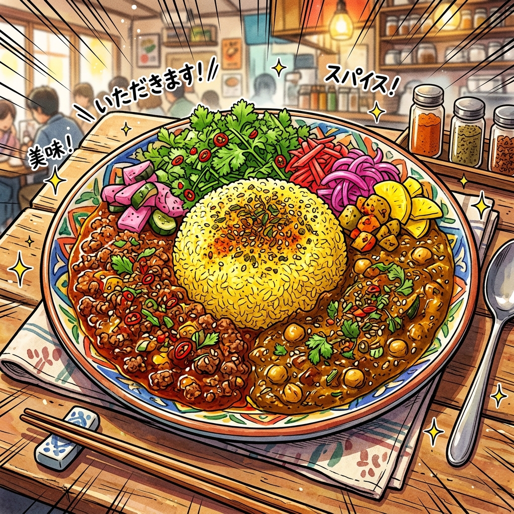 A visually stunning plate of Osaka spice curry with multiple colorful curries and sides