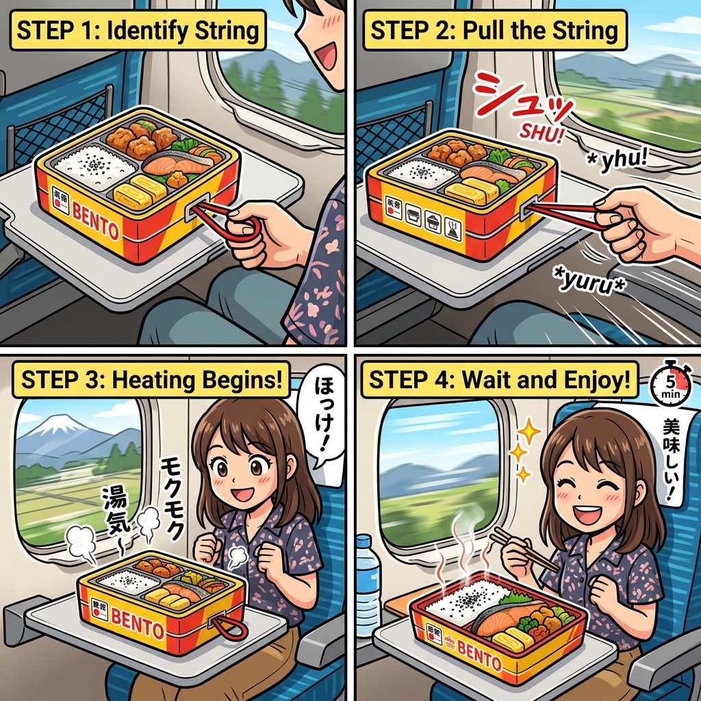 Step-by-step illustration of a self-heating ekiben bento box