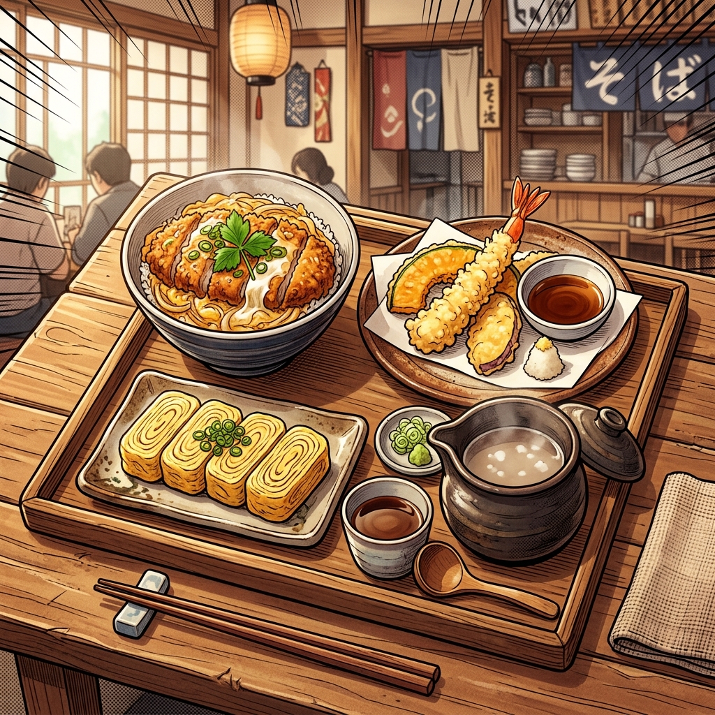 Soba restaurant side dishes spread on a tray