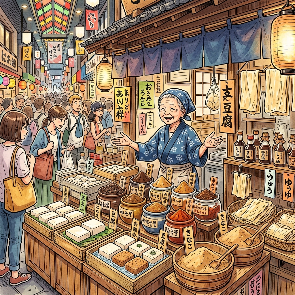 Traditional Japanese market stall with artisan tofu and specialty soy sauce