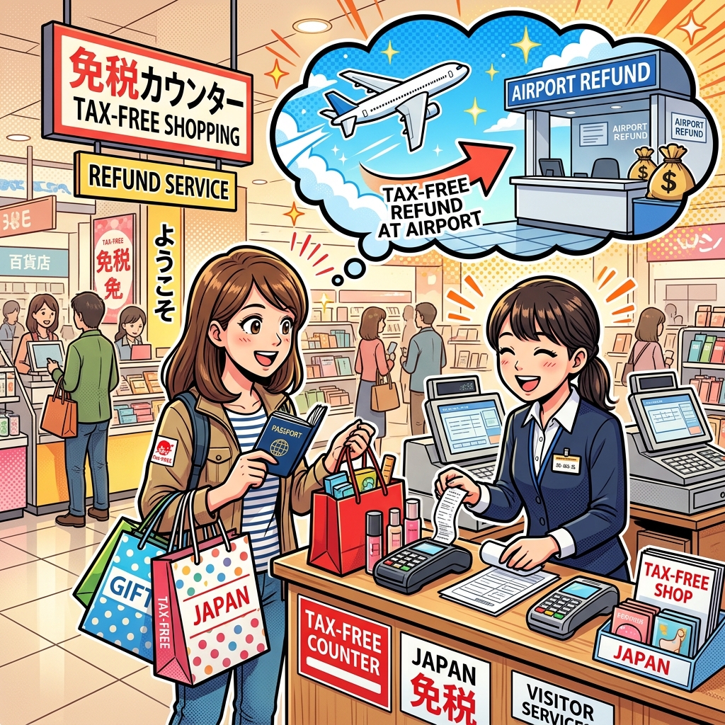 Tourist at tax-free shopping counter with airport refund concept