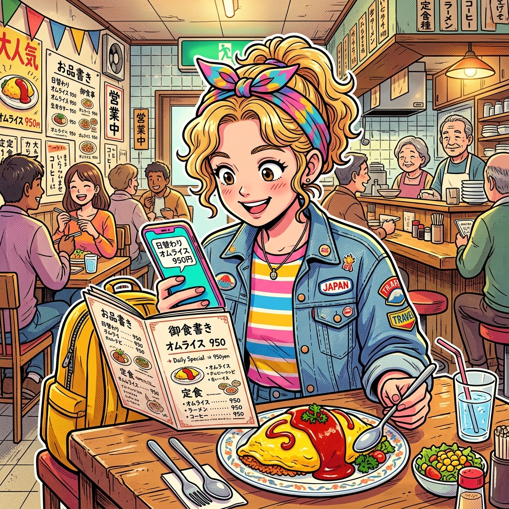 A foreign tourist using a smartphone translation app at a retro diner