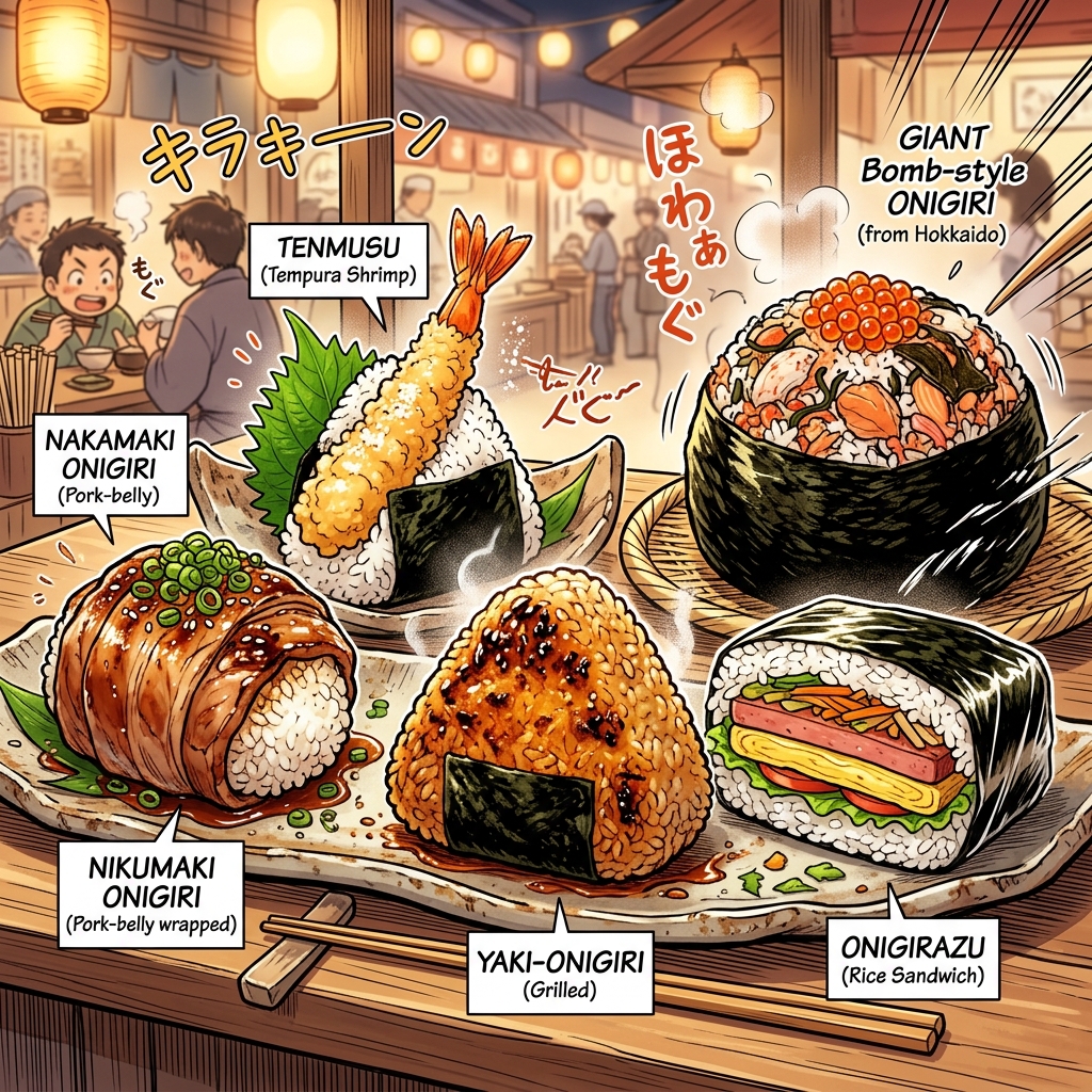 Creative onigiri varieties including nikumaki, tenmusu, and onigirazu