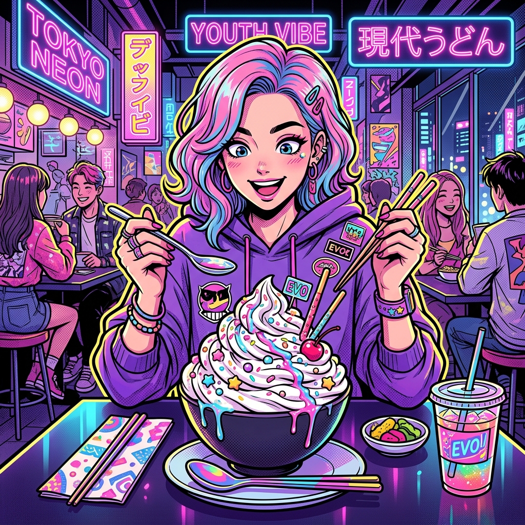 Modern evolution udon completely covered in white whipped cream