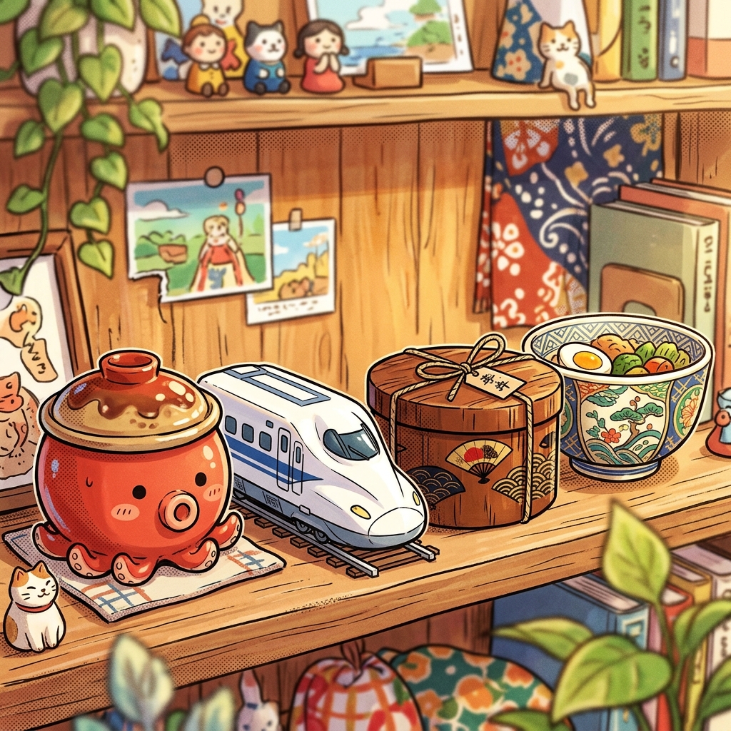 Collection of unique ekiben containers including octopus pot and bullet train model