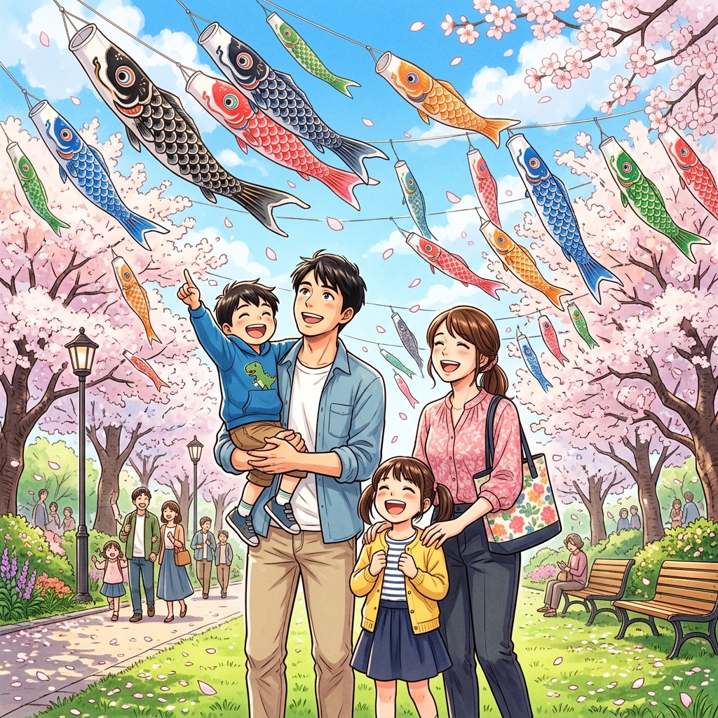 Happy family in a Japanese park under koinobori