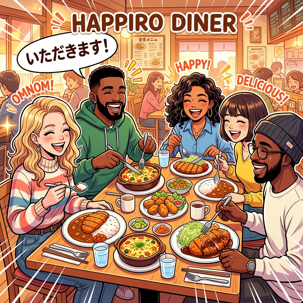 Happy foreign travelers enjoying a grand feast of Japanese Yoshoku dishes