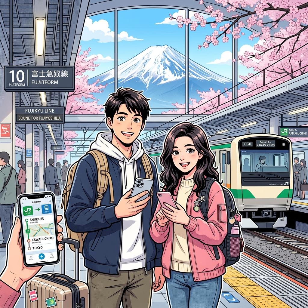 Happy tourist couple at train platform with Mount Fuji
