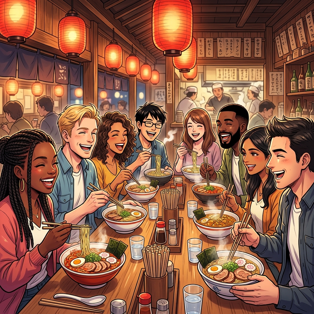 Diverse group of travelers enjoying ramen together