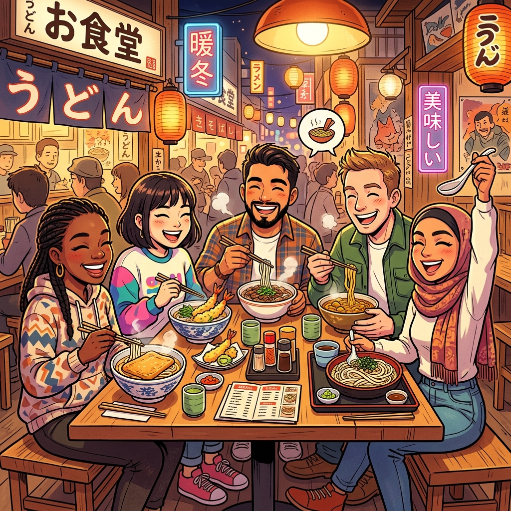 Diverse group of happy tourists eating different types of delicious udon