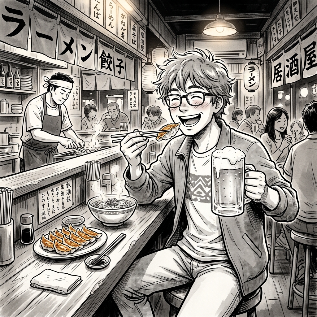 Tourists and locals clinking beer glasses at a Tokyo gyoza stand