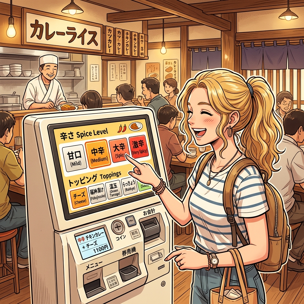 A tourist confidently ordering at a Japanese fast food kiosk