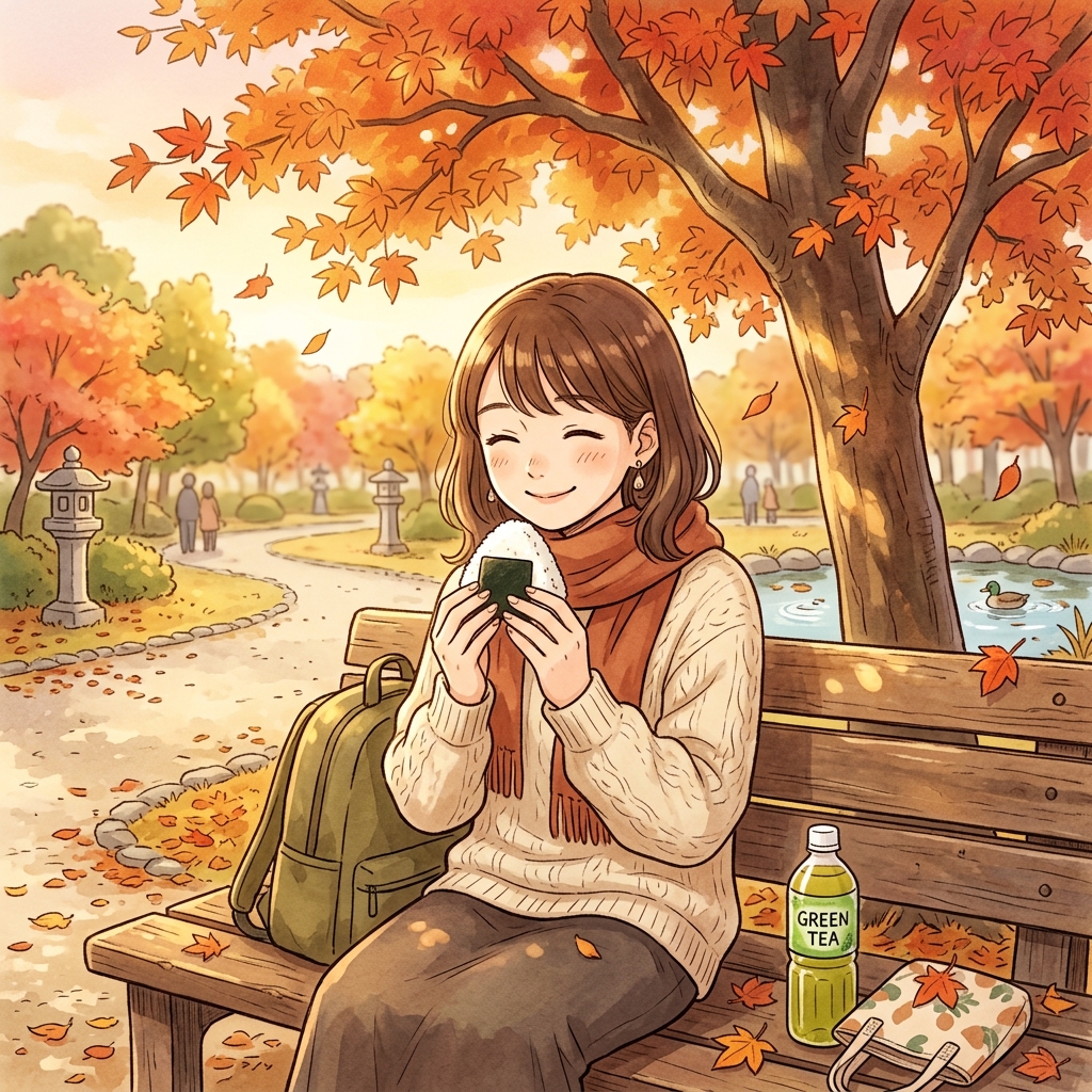Person enjoying onigiri on a park bench with green tea
