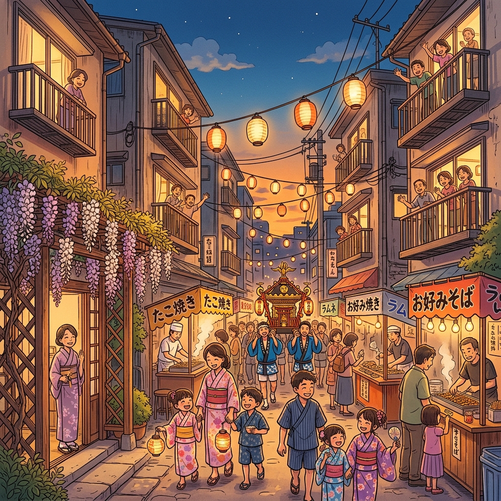 Intimate neighborhood matsuri at twilight with families
