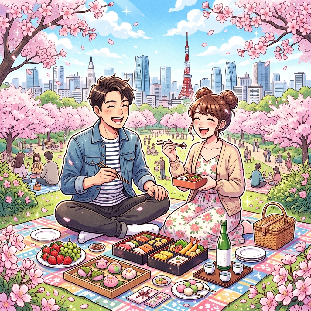 Couple enjoying luxury picnic with depachika food in park