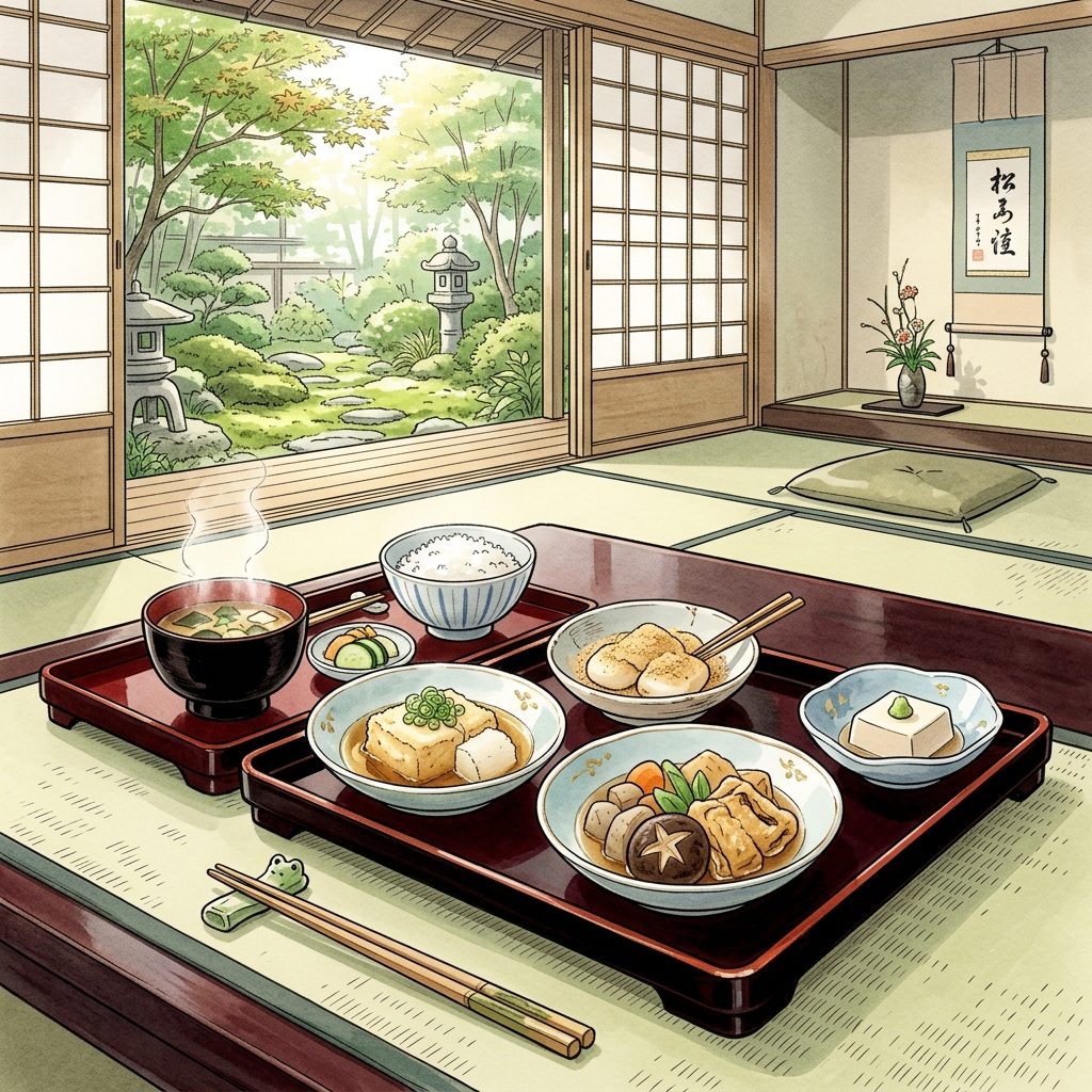 Buddhist shojin ryori temple meal in a serene tatami room