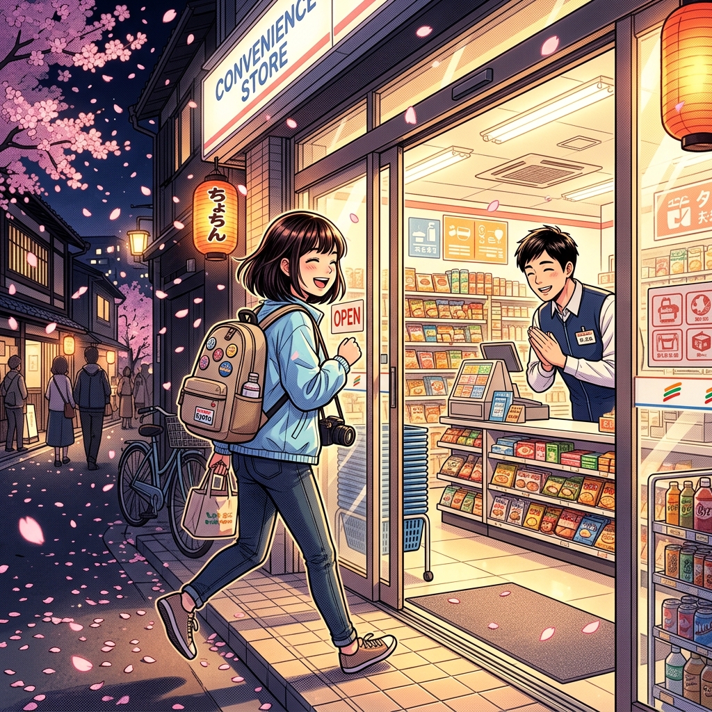 Tourist entering a Japanese convenience store at night with cherry blossoms