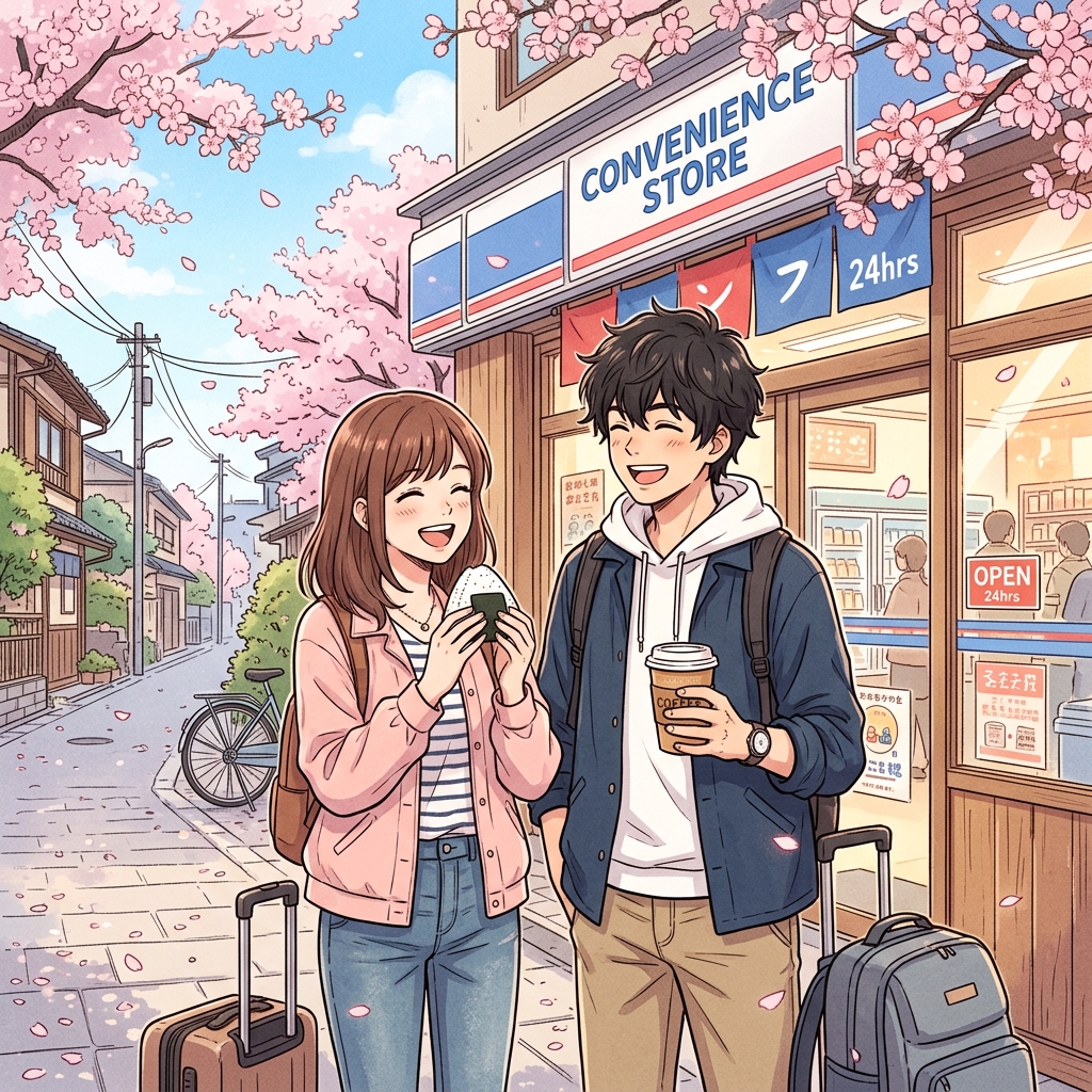 Happy tourist outside a Lawson in spring