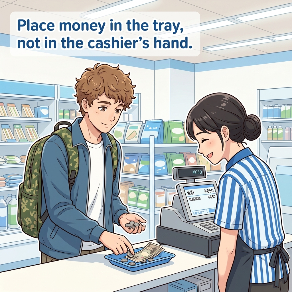 Konbini register etiquette — using the coin tray