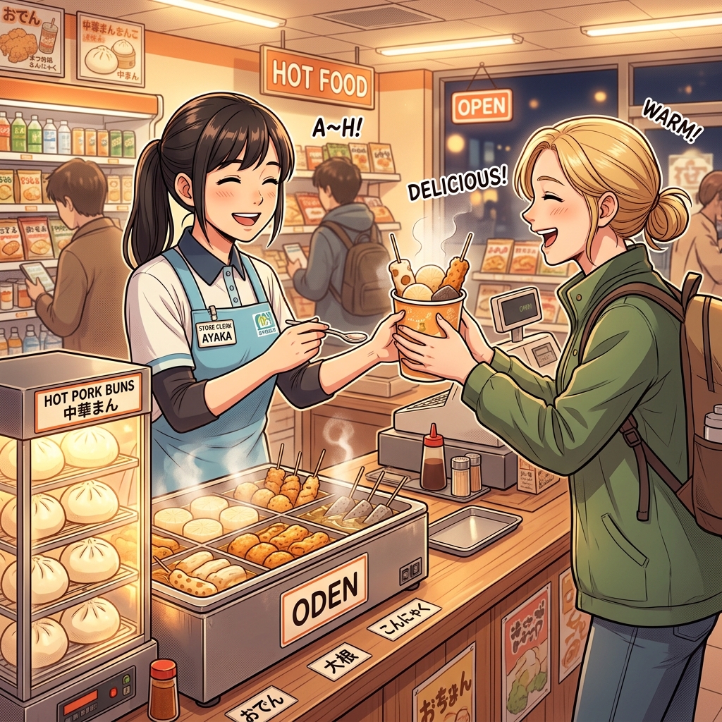 Konbini hot counter — oden, nikuman, karaage