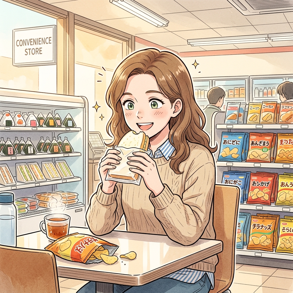 Inside a Japanese 7-Eleven — tourist with tamago sando