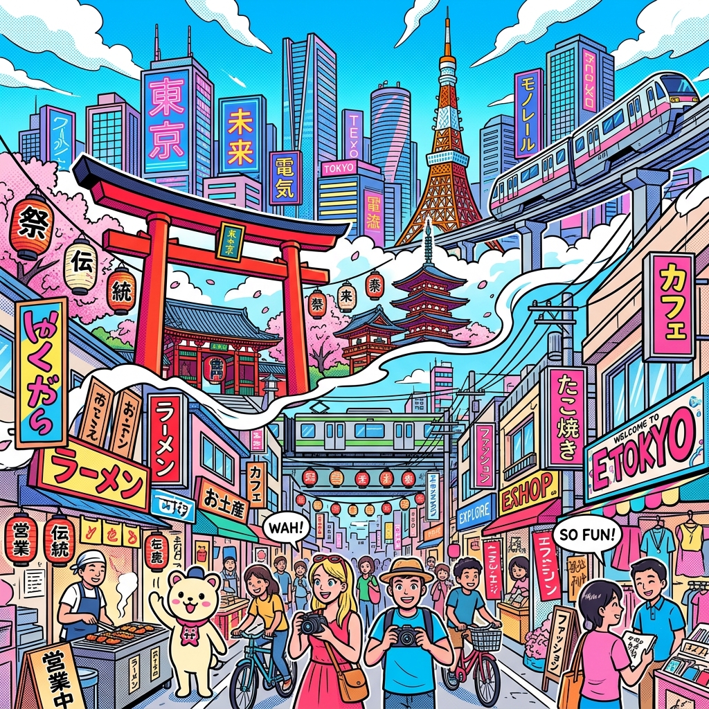 A vibrant manga-style illustration of a bustling Tokyo street showcasing different vibes