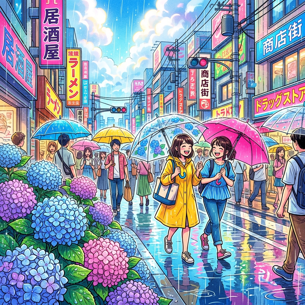 A vibrant manga-style illustration of a bustling Tokyo street showcasing different vibes