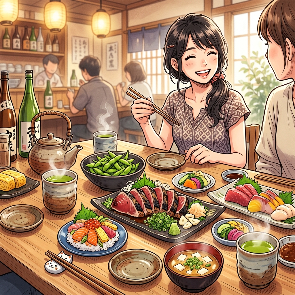 A vibrant manga-style illustration of a beautiful Japanese dining table filled with colorful seasonal foods
