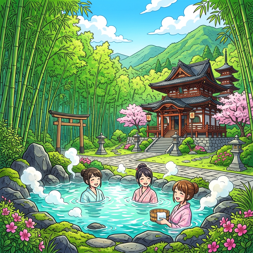 A serene Japanese landscape blending elements of a hot spring, a bamboo forest, and a traditional temple