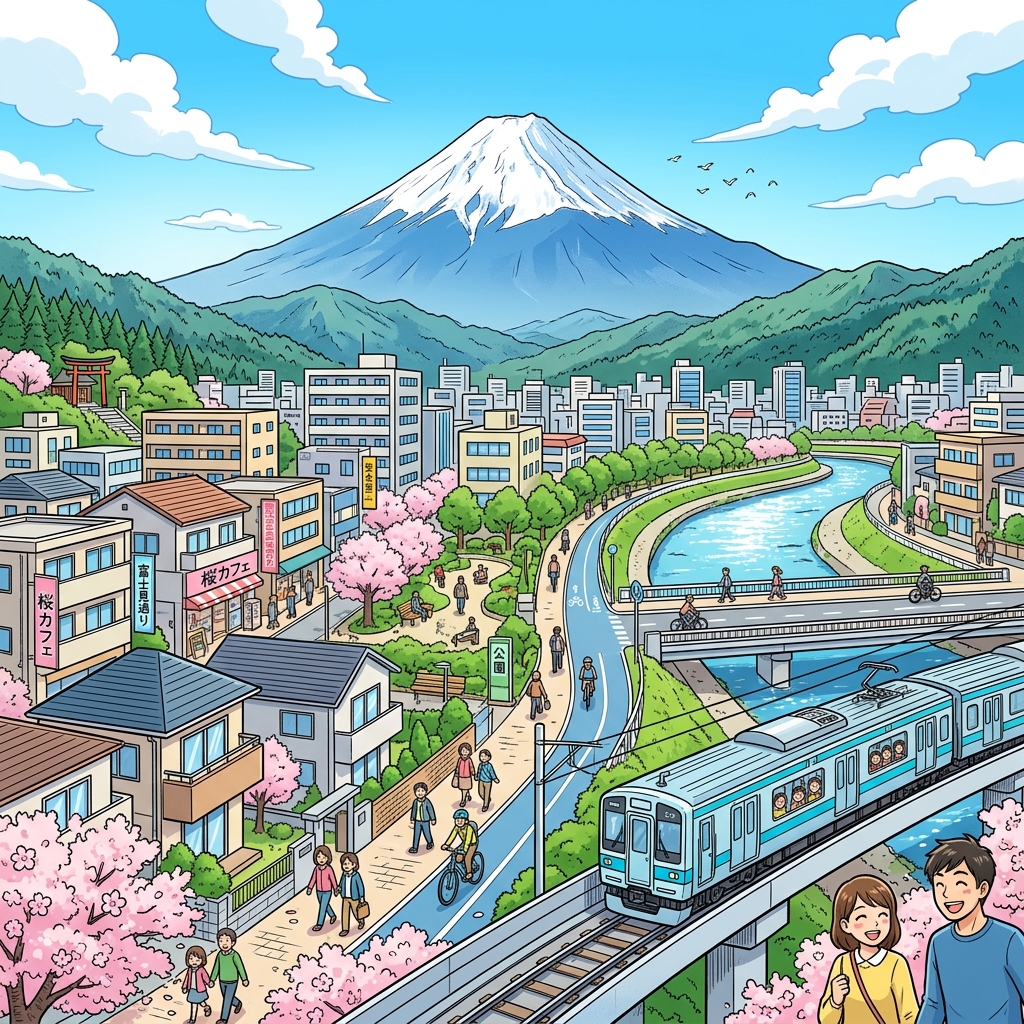A modern Japanese city blending traditional temples and high-tech safety features