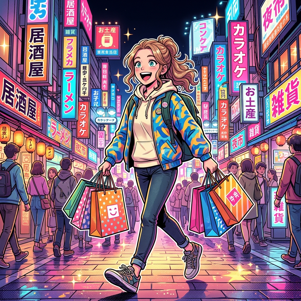 A vibrant pop manga illustration of a vintage luxury shopping district in Tokyo