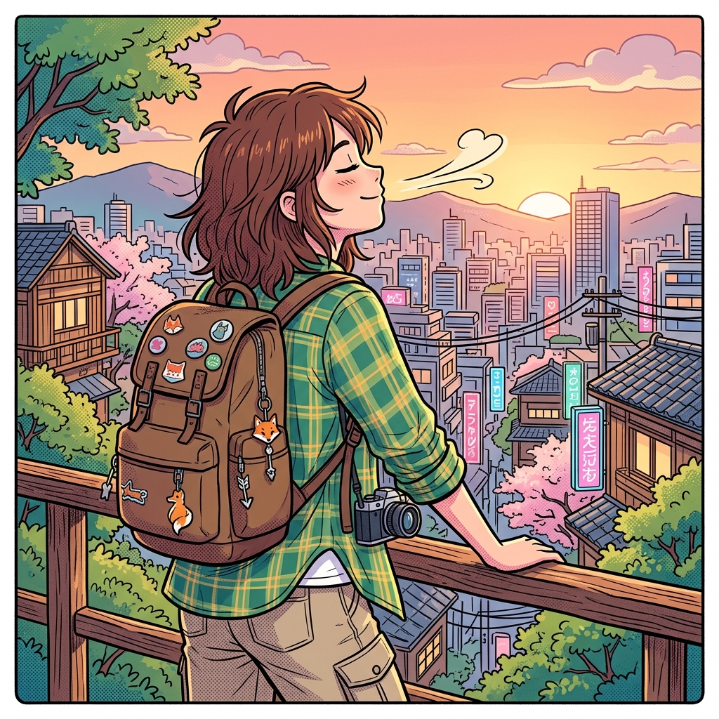 A traveler taking a deep, refreshing breath while looking at a beautiful Japanese scenery