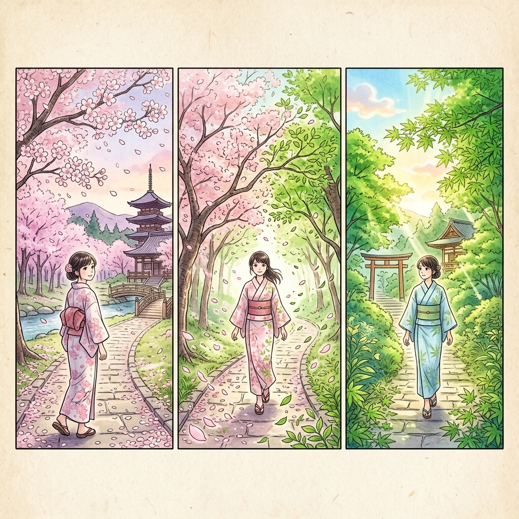 A conceptual manga-style illustration showing the transition of seasons in Japan