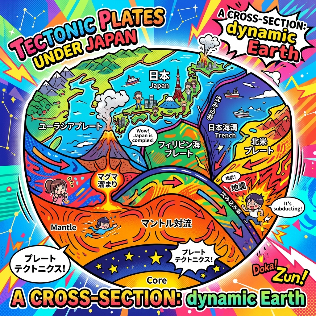 A cross-section illustration showing tectonic plates beneath the Japanese archipelago