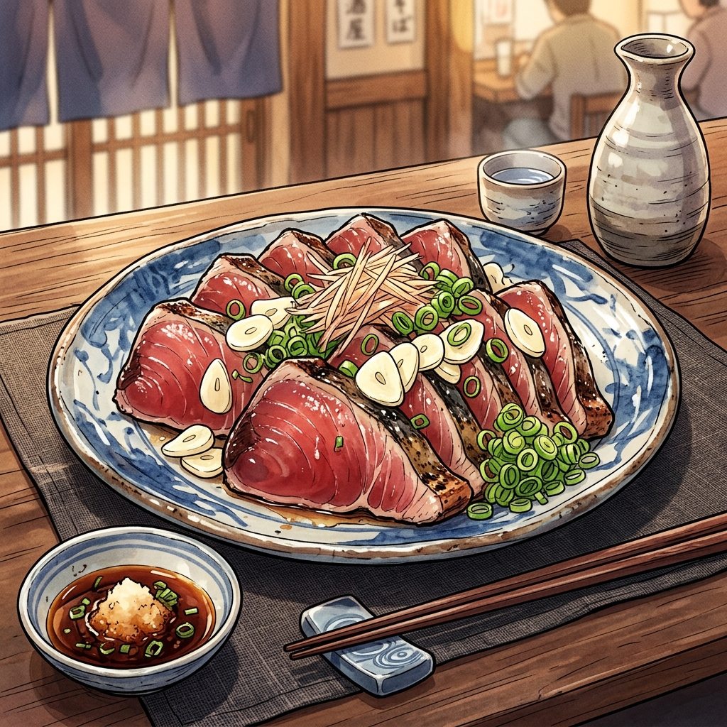A mouth-watering manga-style illustration of Katsuo no Tataki seared bonito